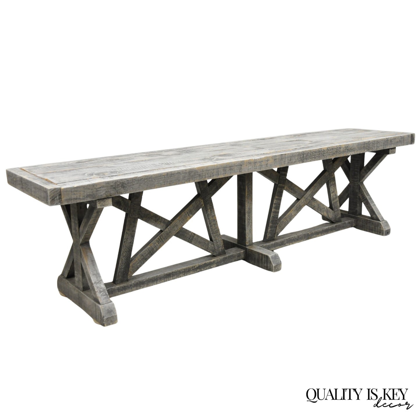 Primitive Rustic 72" Long Wooden Distressed Gray Wash Criss Cross Trestle Bench
