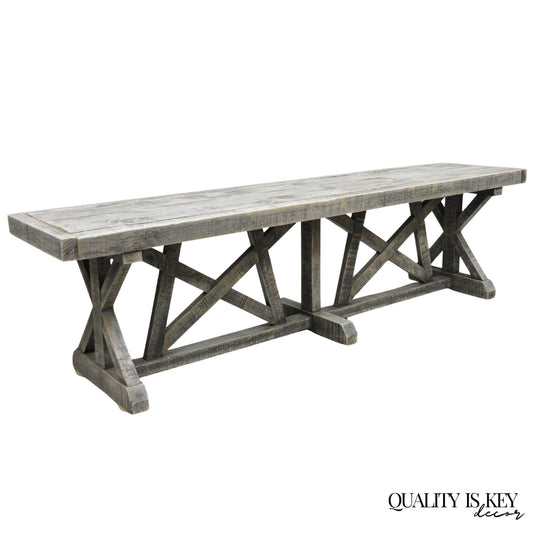 Primitive Rustic 72" Long Wooden Distressed Gray Wash Criss Cross Trestle Bench