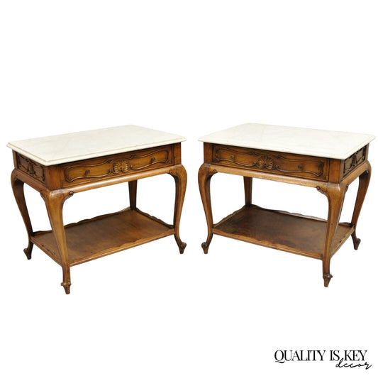 French Country Provincial Rectangle Travertine Marble Top Walnut End Table Pair