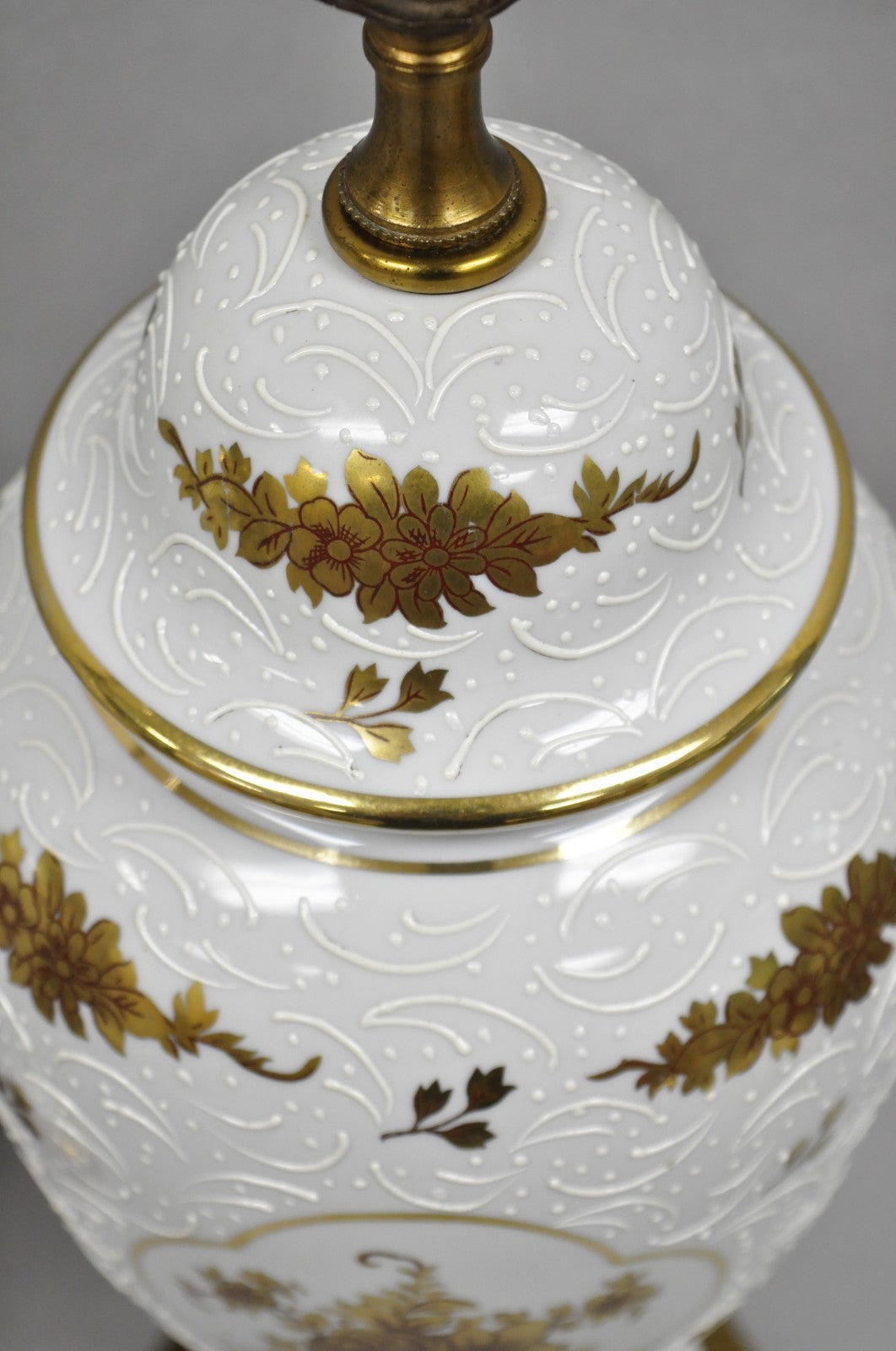 Vintage French Louis XV White Porcelain Ginger Jar Gold Flower Table Lamps Pair