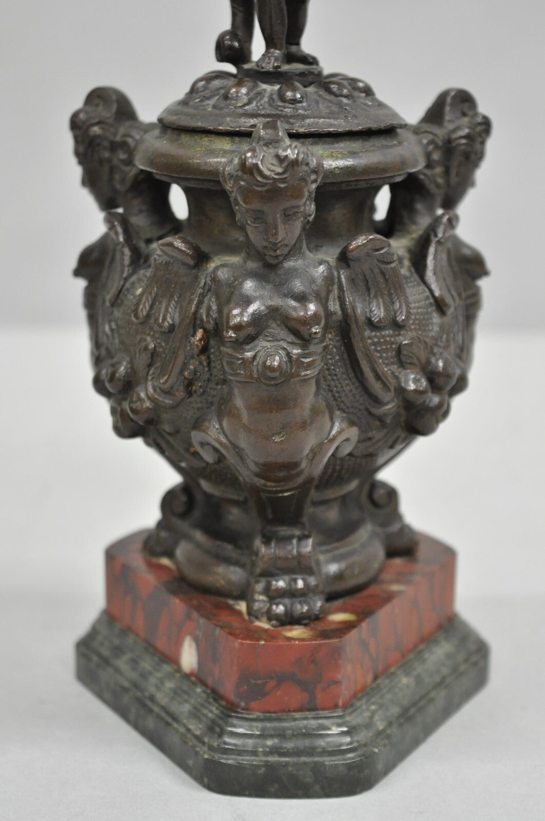 Antique Italian Renaissance Bronze Covered Figural Inkwell on Marble Base