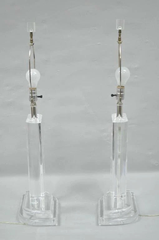Vintage Mid Century Modern Etched Lucite Sculptural Table Lamps by Van Teal Pair