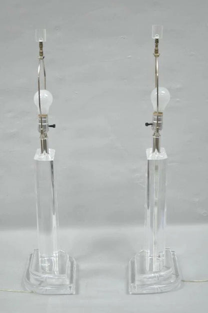 Vintage Mid Century Modern Etched Lucite Sculptural Table Lamps by Van Teal Pair