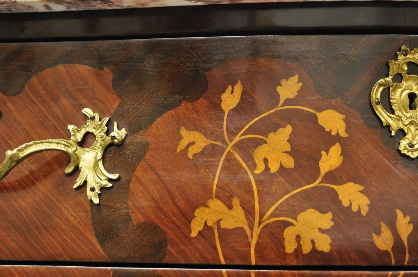 French Louis XV Style Marble Top Marquetry Inlay & Bronze Bombe Commode Dresser