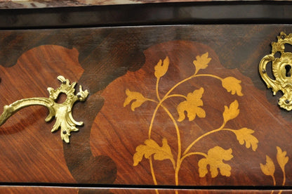 French Louis XV Style Marble Top Marquetry Inlay & Bronze Bombe Commode Dresser