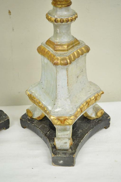 Antique Italian Neoclassical Hand-Carved Giltwood Candlestick Table Lamps - Pair
