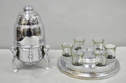 Vintage Art Deco Figural Chrome Metal Barware Samovar Decanter w/ Shot Glasses
