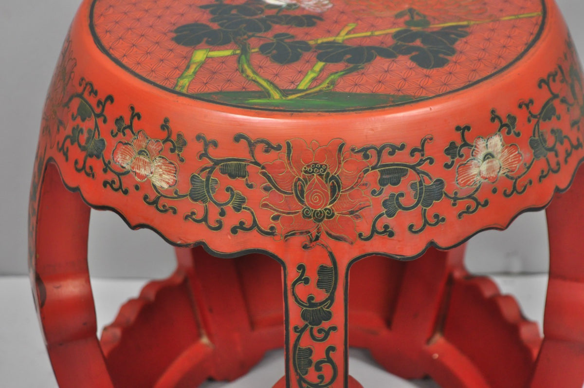 Vintage Chinoiserie Red Lacquer Plant Stand Garden Stool Drum Side Table (B)