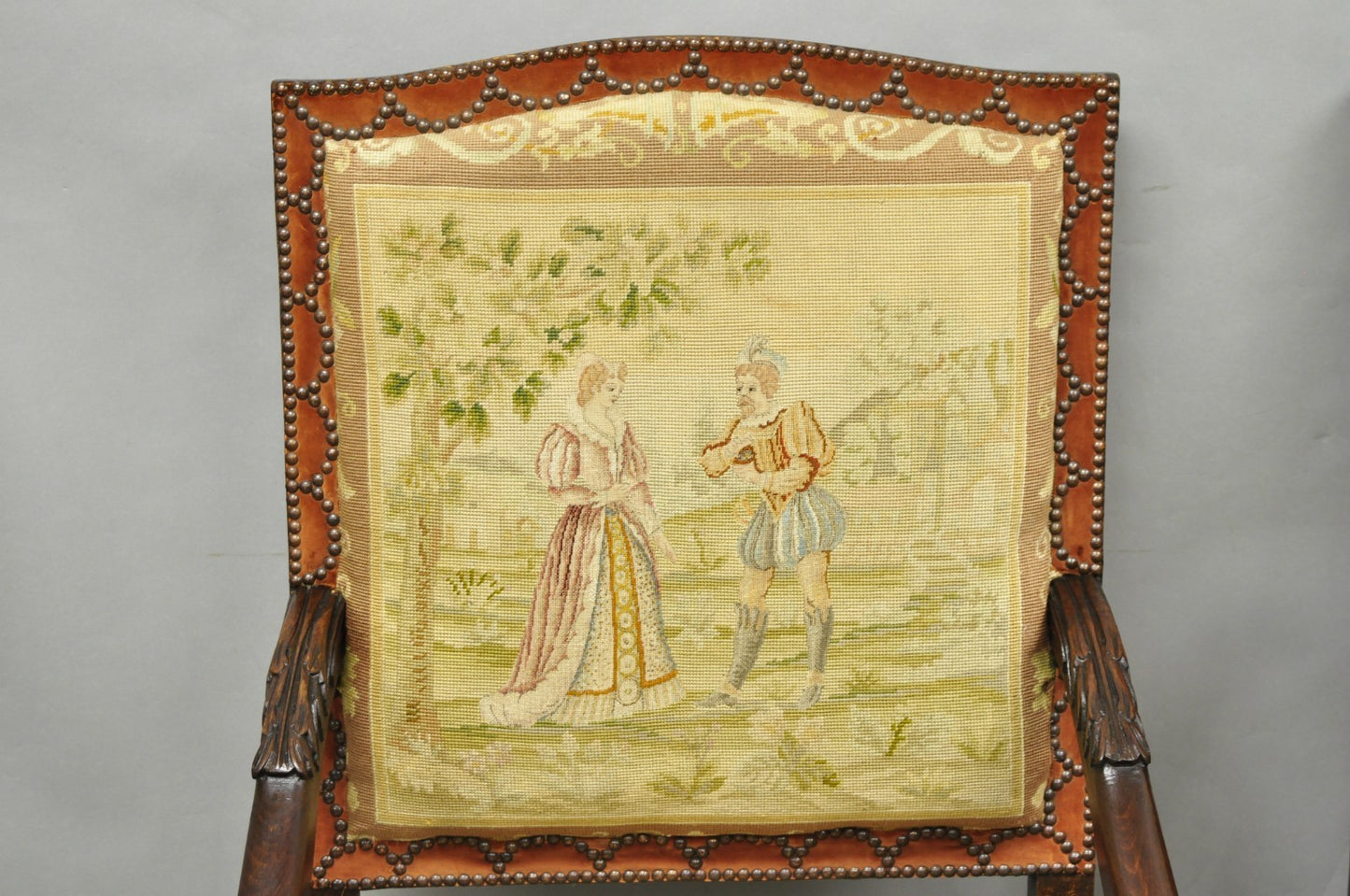 Antique French Louis XIV Style Needlepoint Tapestry Carved Walnut Arm Chair Pair
