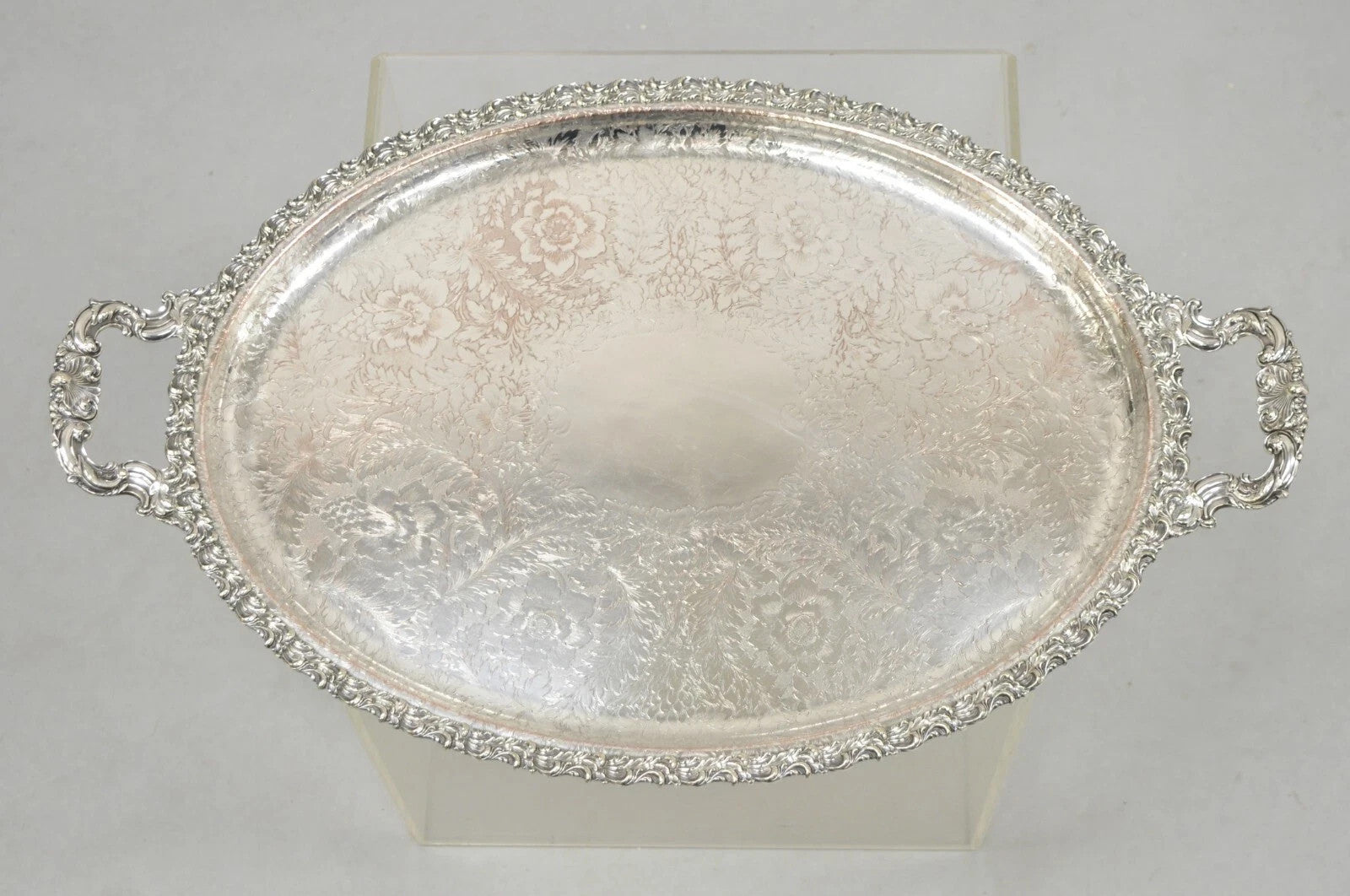 Antique English Victorian Silver Plated Repousse Oval Serving Platter Bar Tray