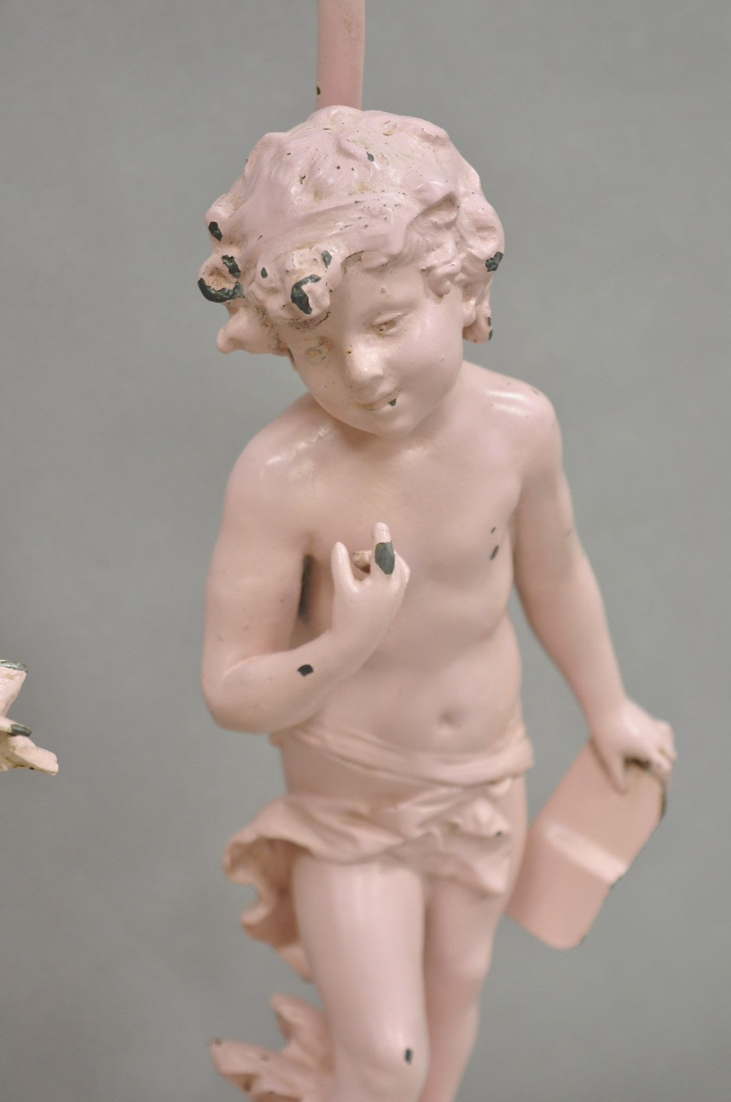 Antique French Renaissance Figural Spelter Metal Figural Cherub Table Lamps Pair