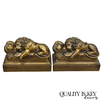 Antique Swiss Guard Bronze Lion Bookends Helvetiorum Fidei AC Virtuti "JB 1570"