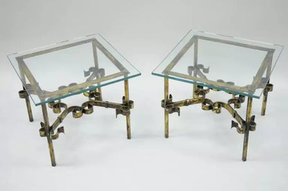 Vintage Spanish Hollywood Regency Gold Gilt Iron Square Glass End Tables - Pair