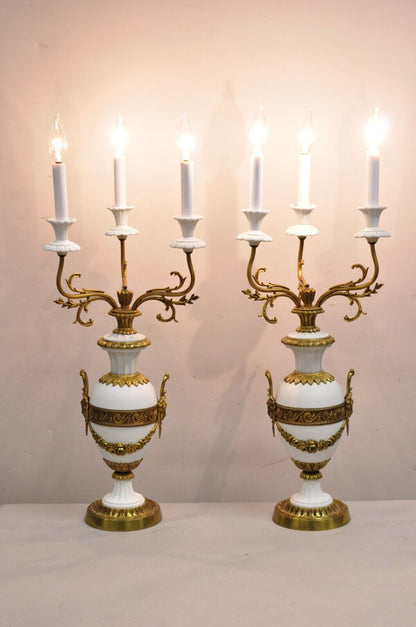 Antique French Louis XV Figural Bronze & Porcelain Candelabra Table Lamps - Pair