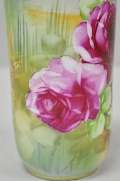 Antique Nippon Hand Painted Pink Rose & Lake Scene Small Porcelain Cylinder Vase
