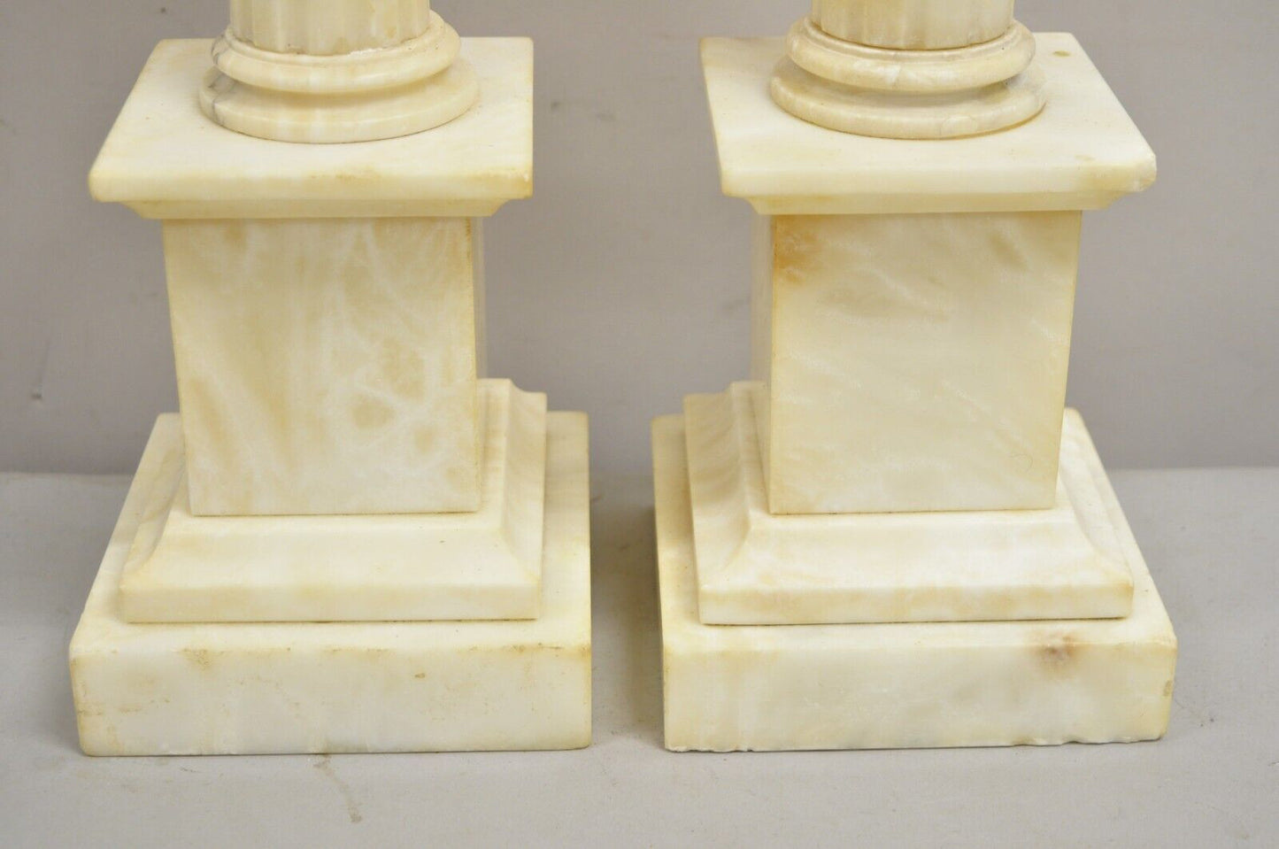 Antique Italian Neoclassical Marble Alabaster Corinthian Column Table Lamp Pair