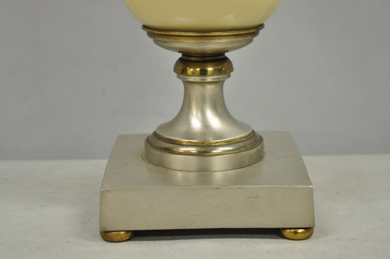 Antique French Art Deco Beige Fluted Glass Vase Metal Base Up Light Table Lamp