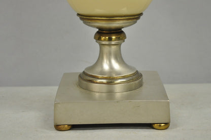 Antique French Art Deco Beige Fluted Glass Vase Metal Base Up Light Table Lamp