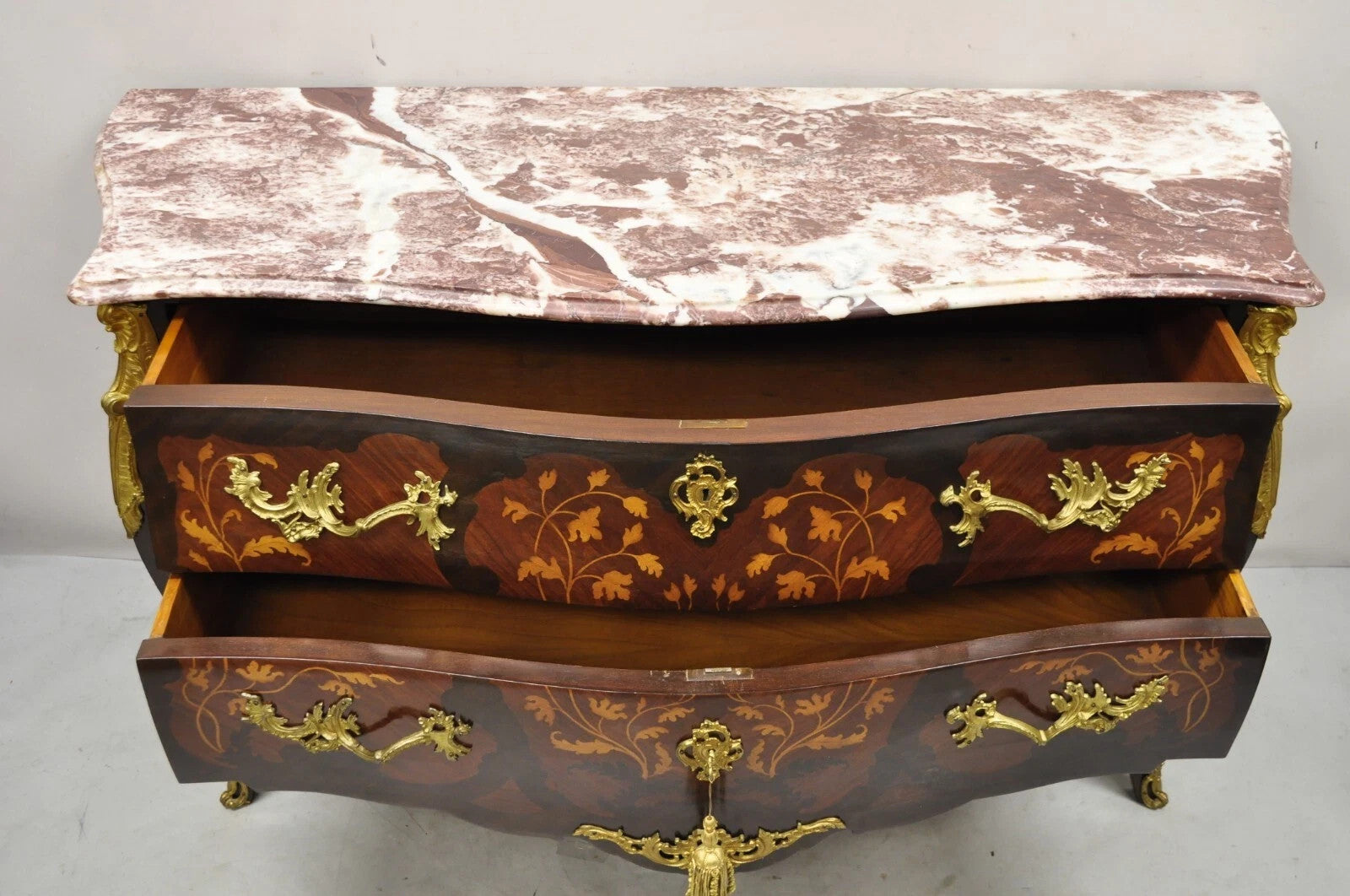 French Louis XV Style Marble Top Marquetry Inlay & Bronze Bombe Commode Dresser