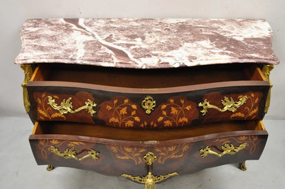 French Louis XV Style Marble Top Marquetry Inlay & Bronze Bombe Commode Dresser