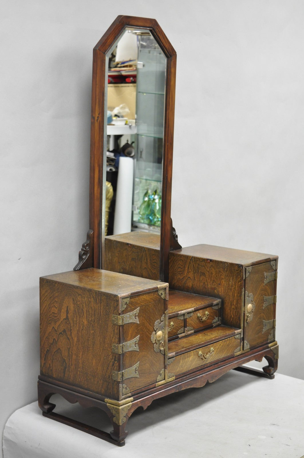 Antique Japanese Wood & Brass Small Low Kyodai Vanity Dressing Table with Mirror