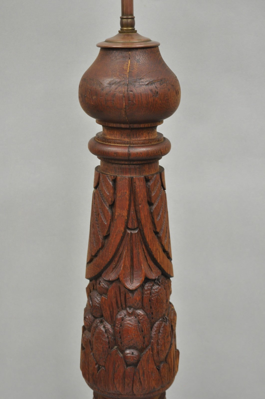 Antique French Country Reclaimed Harvest Carved Oak Wood Baluster Table Lamp
