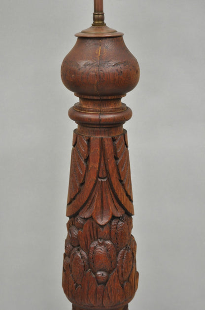 Antique French Country Reclaimed Harvest Carved Oak Wood Baluster Table Lamp