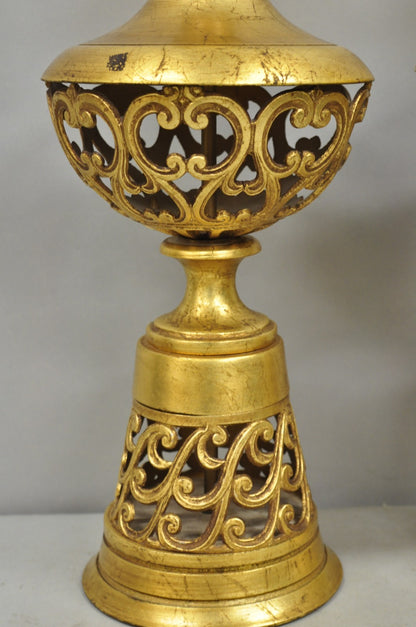 Vintage Italian Hollywood Regency Gold Gilt Iron Metal Fretwork Table Lamps Pair