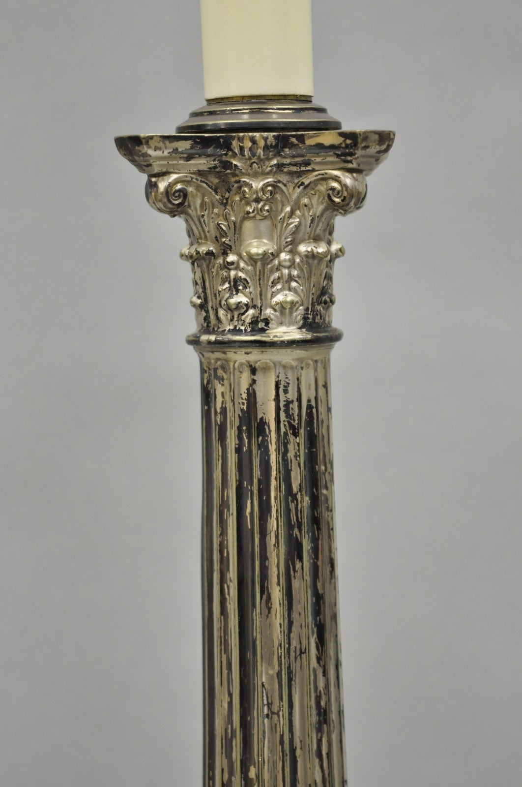 Antique French Empire Silver Plated Corinthian Column Candlestick Table Lamp