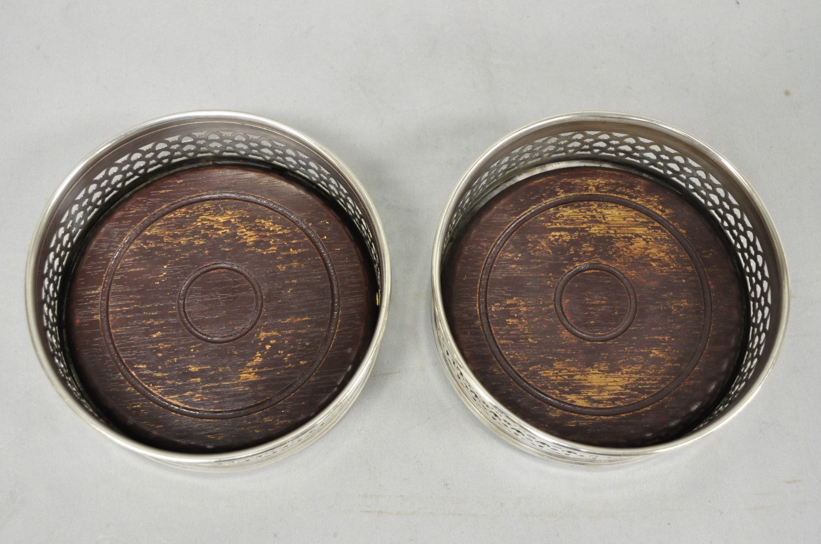 Vintage English Victorian Wood & Silver Plated Bar Wine Bottle Coaster - a Pair