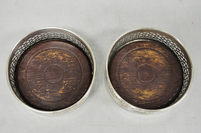 Vintage English Victorian Wood & Silver Plated Bar Wine Bottle Coaster - a Pair