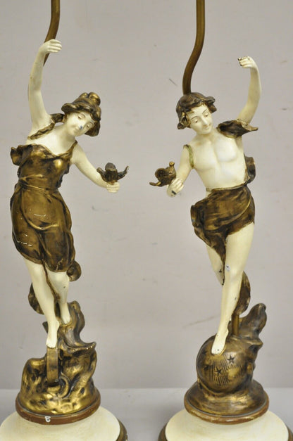 Antique French Victorian Figural Metal Man and Woman Moreau Table Lamps - a Pair