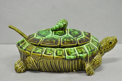 Vintage Tilso Japan Mid Century Modern Green Ceramic Figural Turtle Soup Tureen