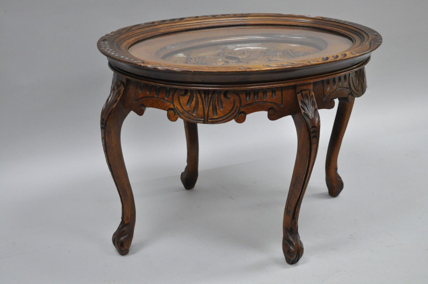 French Renaissance Style Glass Top Tray Coffee Table with Carved Cherubs Angels