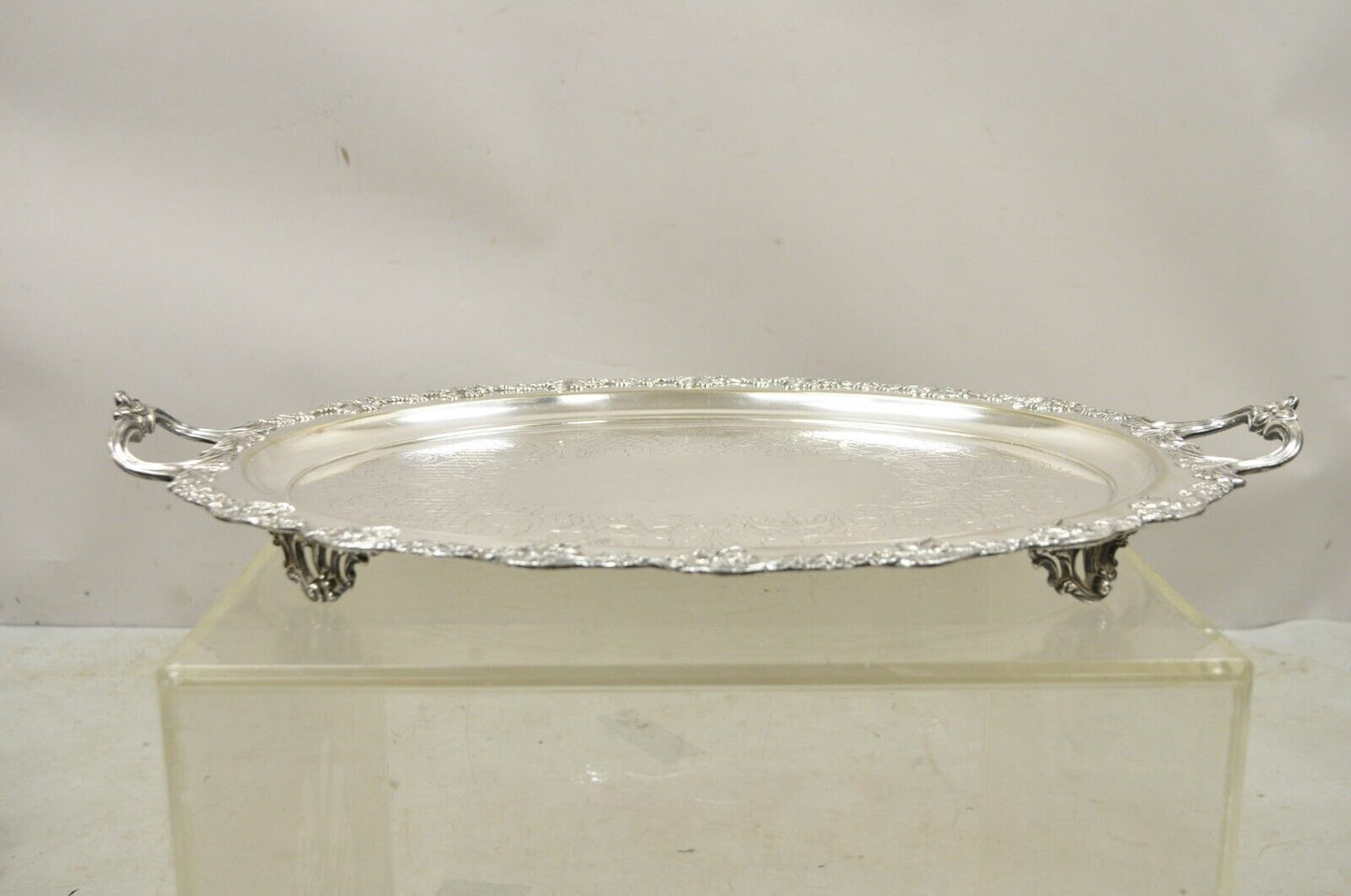 Vintage English Sheffield Silver Plated Oval Maple Leaf Serving Platter Tray