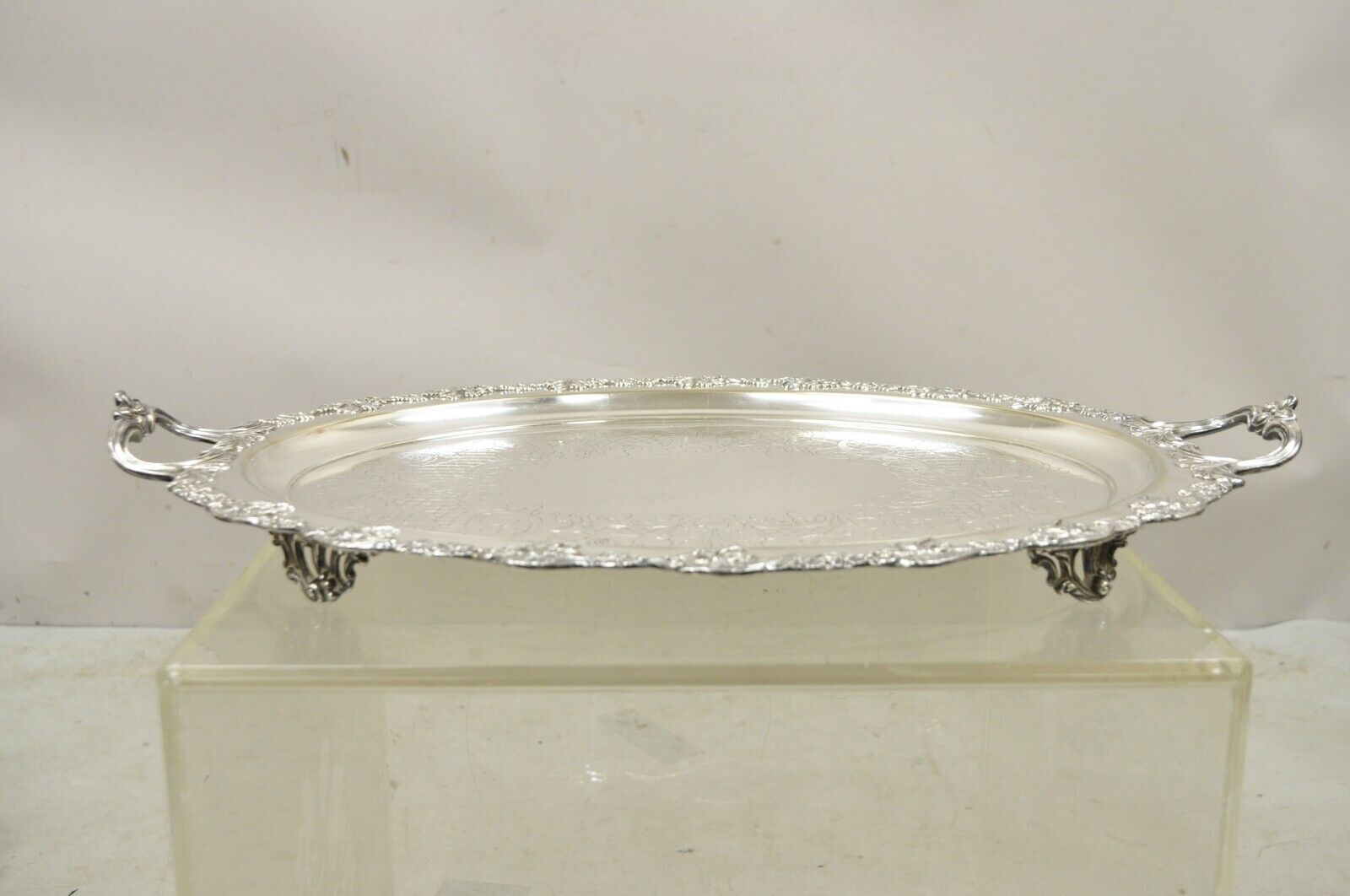 Vintage English Sheffield Silver Plated Oval Maple Leaf Serving Platter Tray