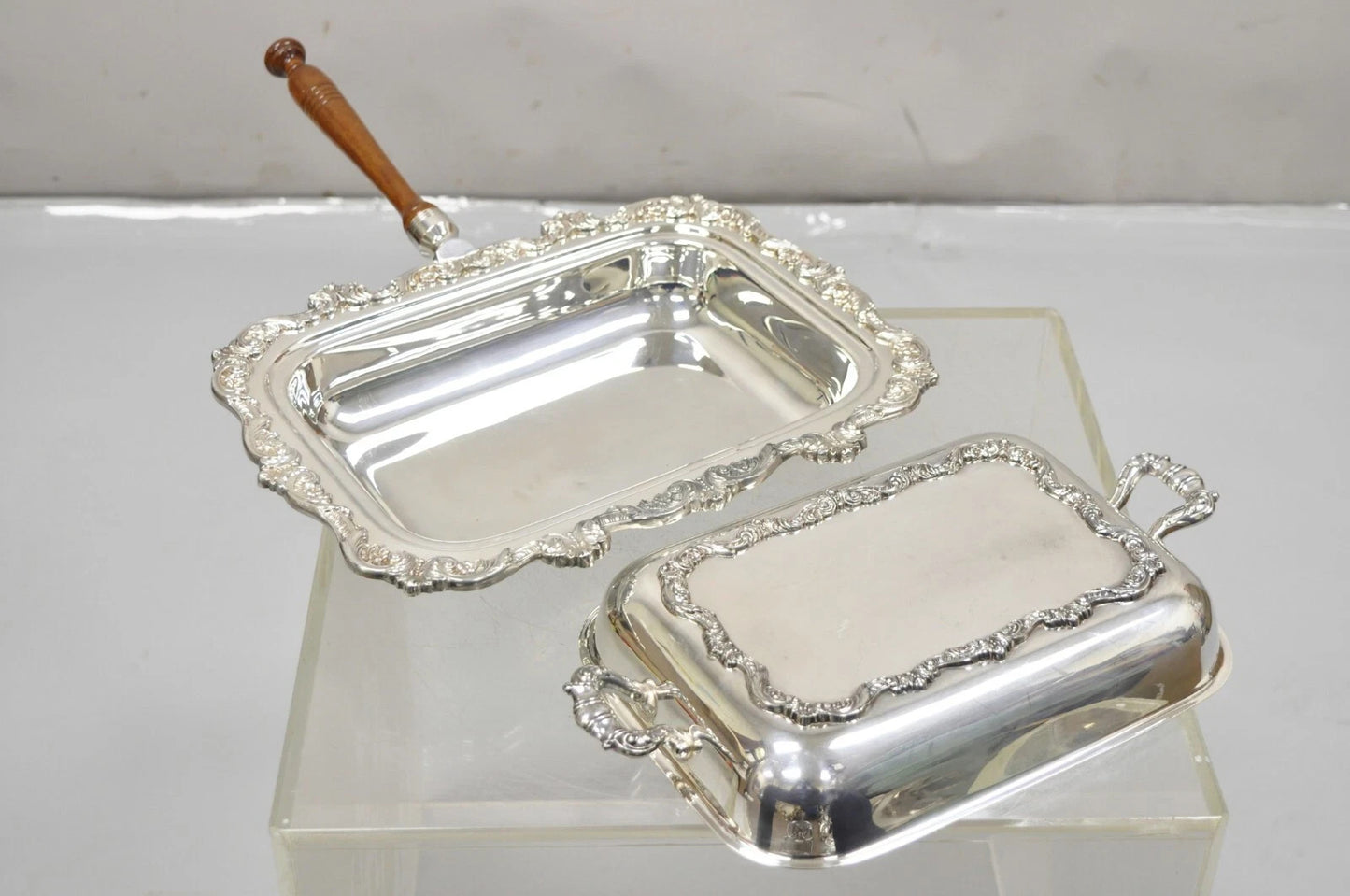 Vintage Poole Silver Co Victorian Silver Plated Serving Platter w/ Wooden Handle