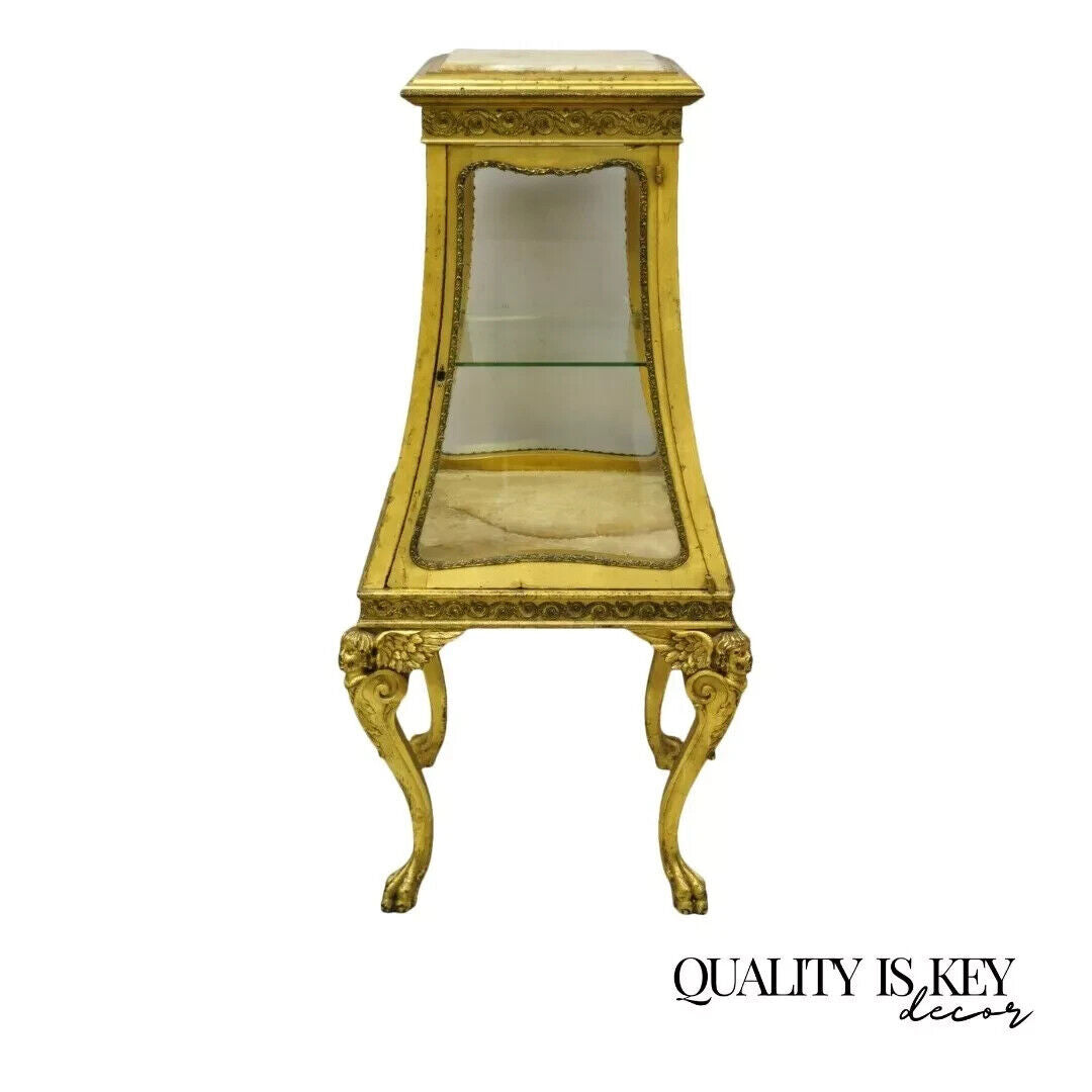 Antique French Empire Gold Gilt Cherub Vitrine Curio Cabinet w/ Onyx Pedestal