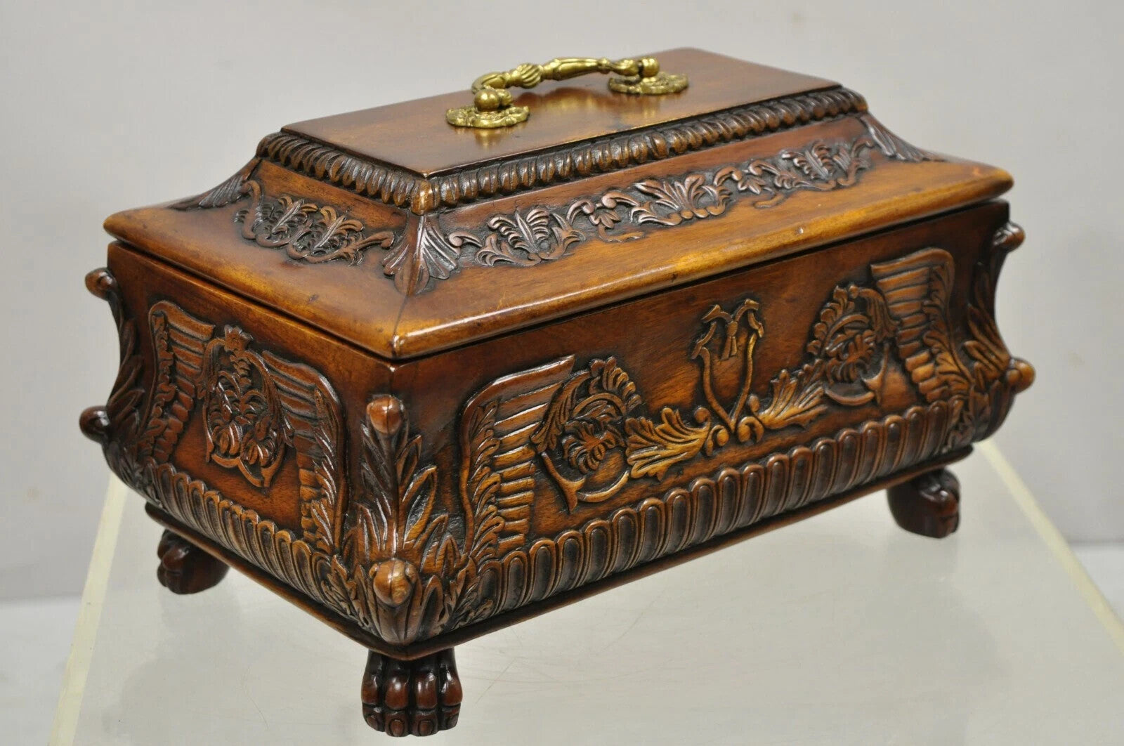 French Empire Rococo Style Carved Mahogany Paw Foot Jewelry Vanity Trinket Box