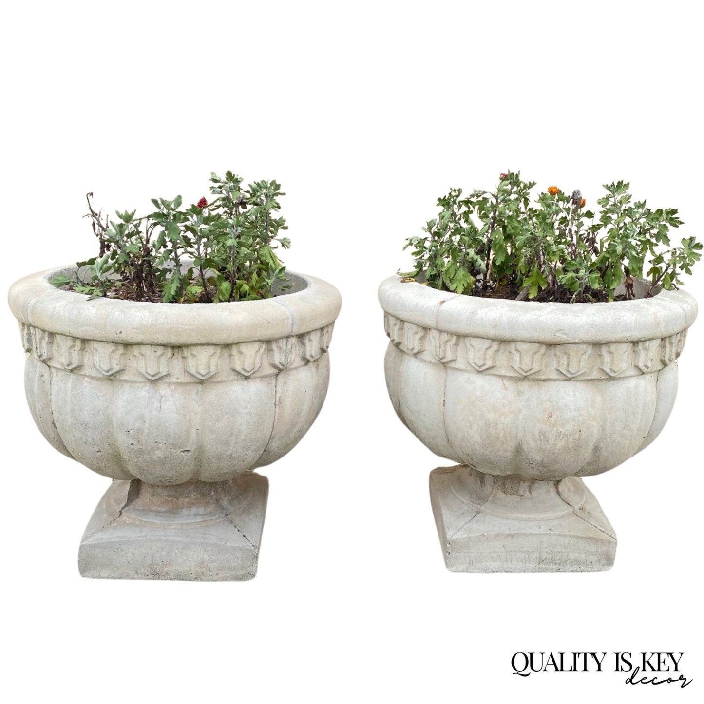 Vintage Cast Concrete Stone 15" Round Cement Urn Garden Planter Pot - a Pair