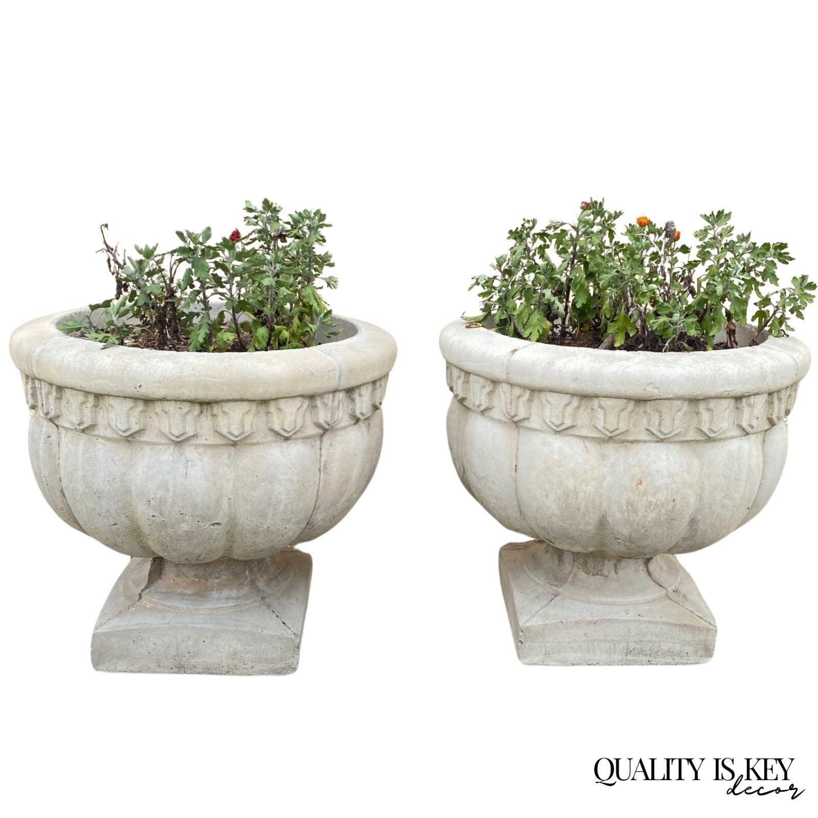 Vintage Cast Concrete Stone 15" Round Cement Urn Garden Planter Pot - a Pair