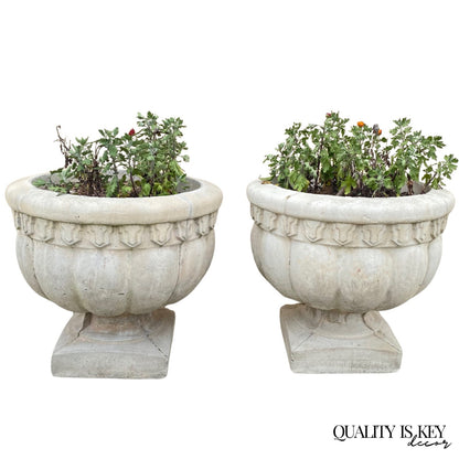 Vintage Cast Concrete Stone 15" Round Cement Urn Garden Planter Pot - a Pair