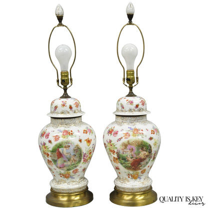 Victorian German Porcelain Ginger Jar Vase Meissen attr. French Table Lamp Pair