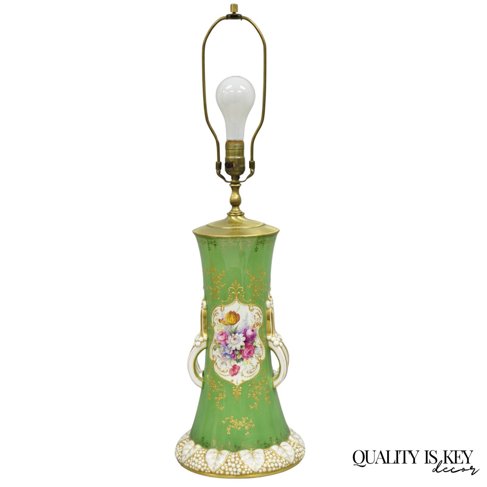Antique Victorian Green Austrian Porcelain Hand Painted Flower French Table Lamp