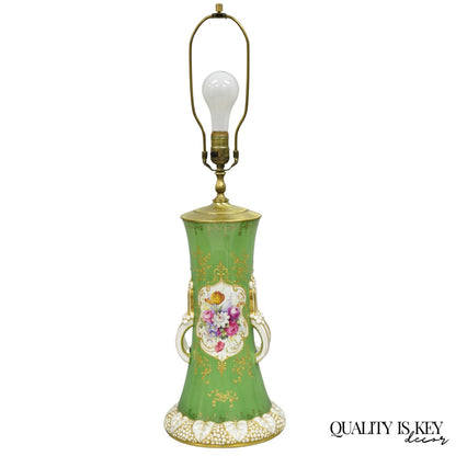 Antique Victorian Green Austrian Porcelain Hand Painted Flower French Table Lamp