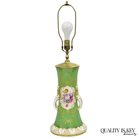 Antique Victorian Green Austrian Porcelain Hand Painted Flower French Table Lamp