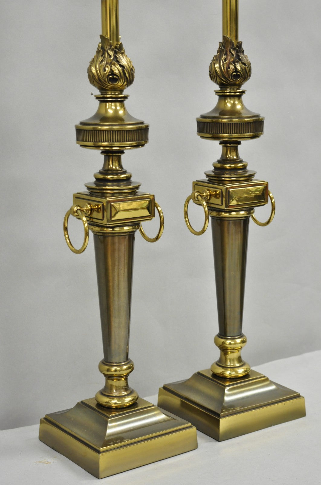 Vintage Stiffel French Neoclassical Style Flame Torch Brass Table Lamps - a Pair