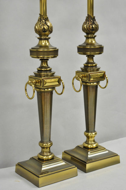 Vintage Stiffel French Neoclassical Style Flame Torch Brass Table Lamps - a Pair
