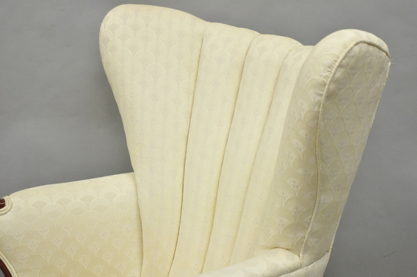Vintage French Art Deco Style Channel Wingback Mahogany Lounge Arm Chairs - Pair