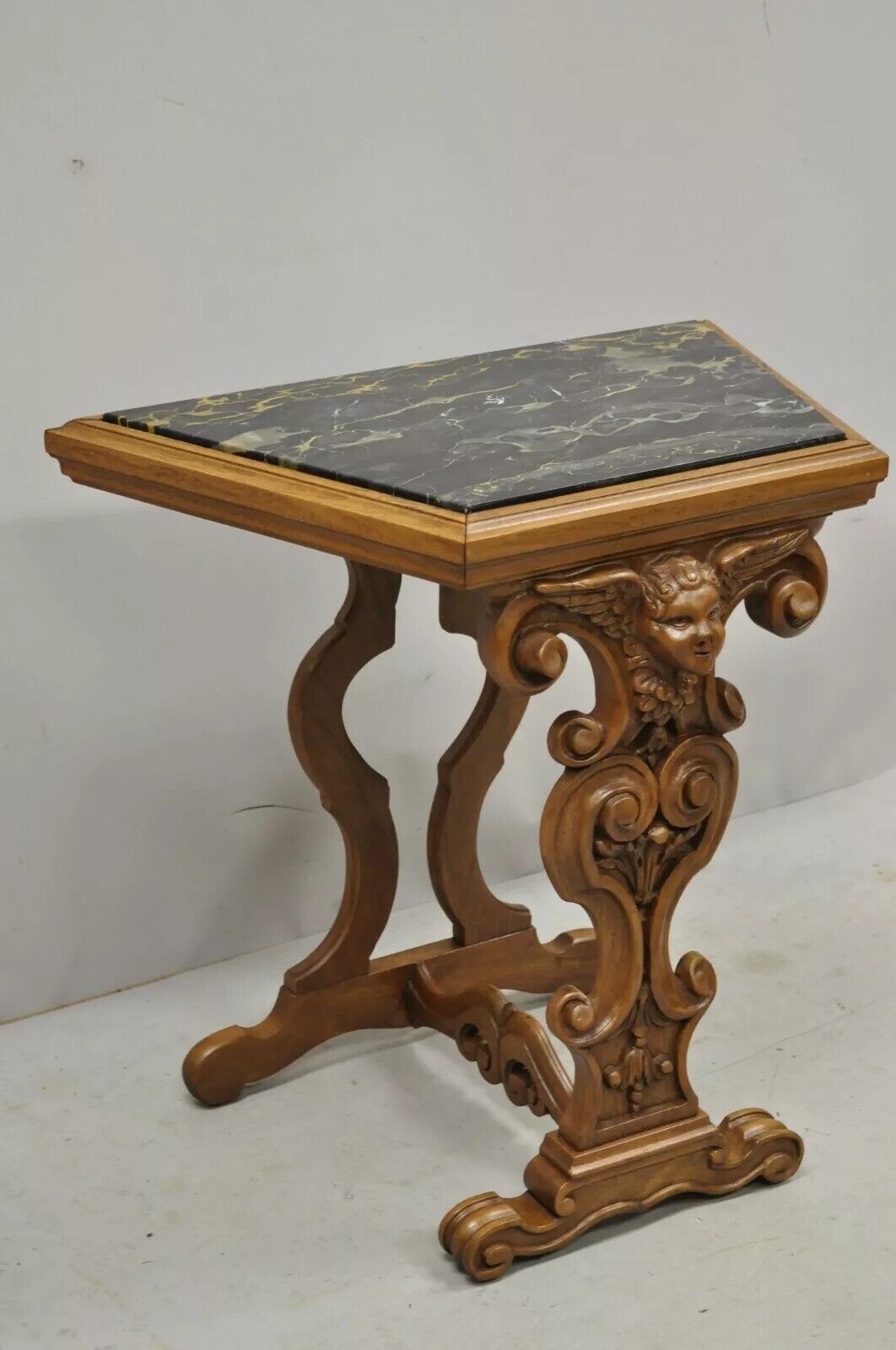 Italian Renaissance Figural Carved Marble Top Side Table with Winged Cherub Head
